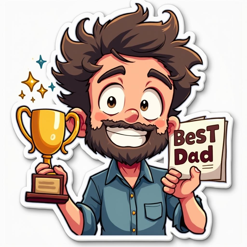 Anime-style dad holding 'Best Dad' trophy with sparkles