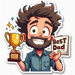 Anime-style dad holding 'Best Dad' trophy with sparkles