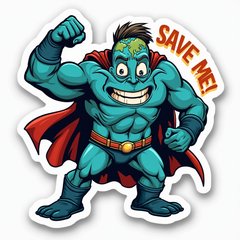 Pop culture Earth character styled as a superhero flexing with 'Earth, Save Me!' caption