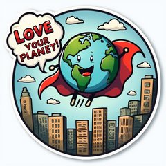 Comic book style Earth character flying with a cape and 'Love Your Planet!' speech bubble