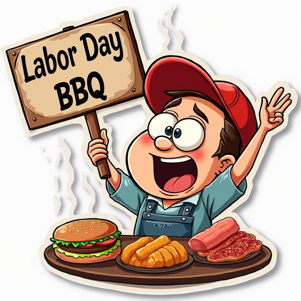 Funny character holding a Labor Day BBQ sign with an excited expression