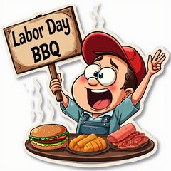 Funny character holding a Labor Day BBQ sign with an excited expression