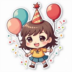 Chibi character in a party hat celebrating Labor Day with balloons and confetti