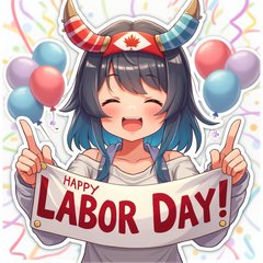 Anime character holding a 'Happy Labor Day!' banner with festive background