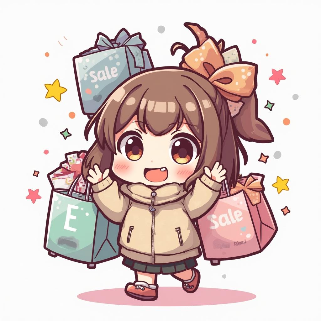 Kawaii character with oversized eyes joyfully holding shopping bags during Black Friday