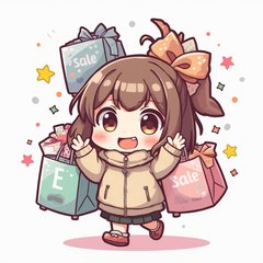 Kawaii character with oversized eyes joyfully holding shopping bags during Black Friday
