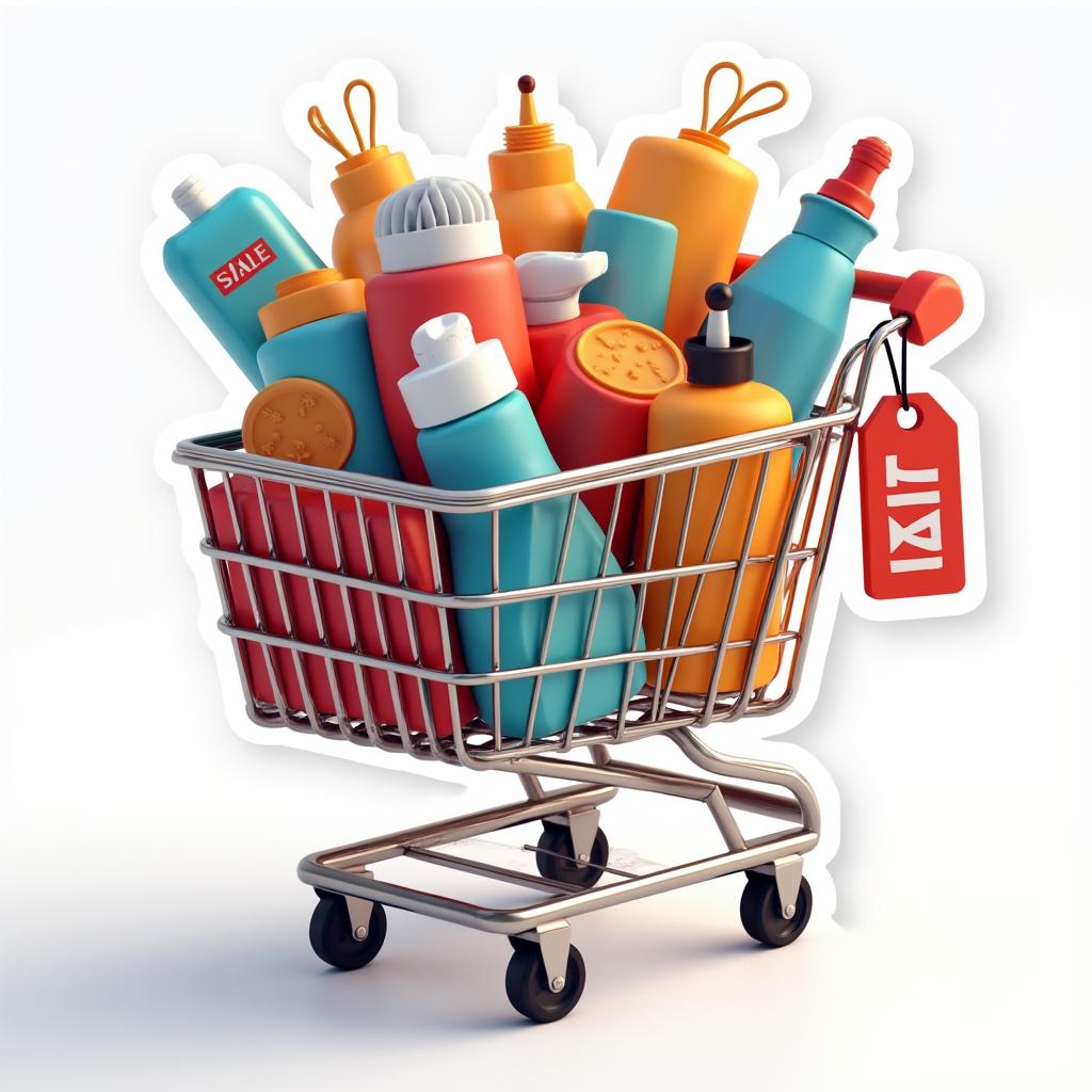 3D rendered overflowing shopping cart with products and sale tags for Black Friday