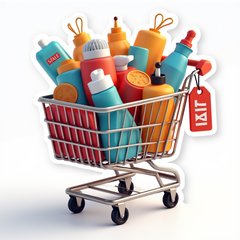 3D rendered overflowing shopping cart with products and sale tags for Black Friday