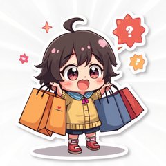 Chibi character with oversized bags, delighted by a gadget deal on Black Friday
