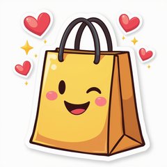 Emoji-style smiling shopping bag with hearts and sparkles for Black Friday