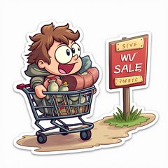 Cartoon character pushing a shopping cart full of items towards a sale sign