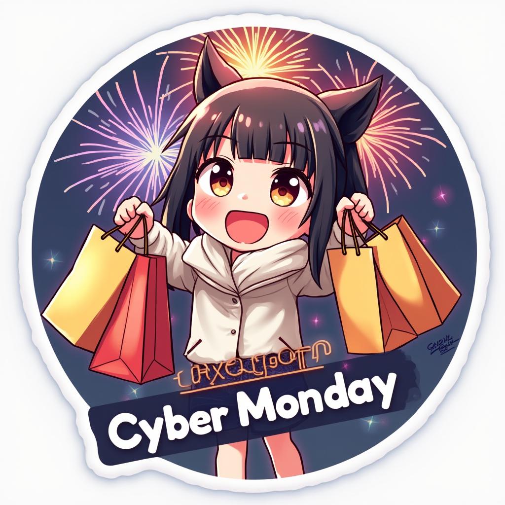Anime character excitedly holding shopping bags with fireworks
