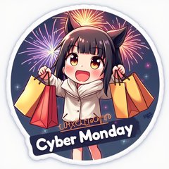 Anime character excitedly holding shopping bags with fireworks