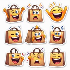 Emoji-style faces with shopping bags showing excitement