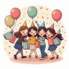 Cartoon friends celebrating with shopping bags, balloons, and confetti