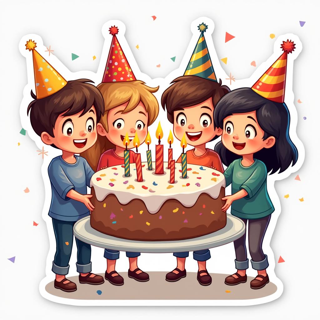 Cartoon friends celebrating a birthday with a cake and confetti