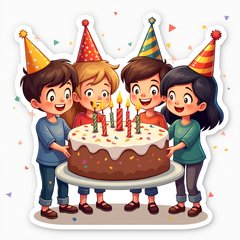 Cartoon friends celebrating a birthday with a cake and confetti