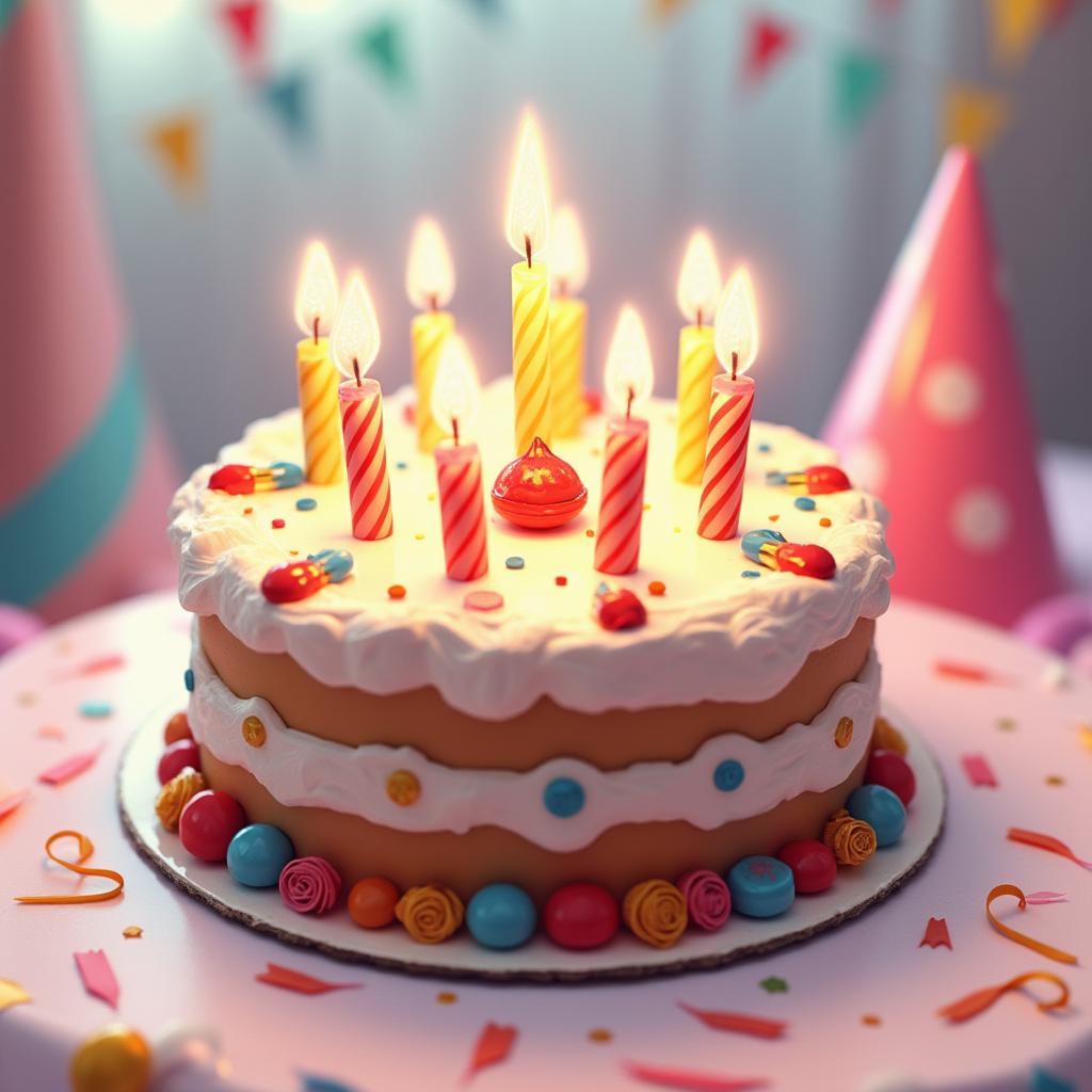 3D rendered birthday cake with candles and party decorations