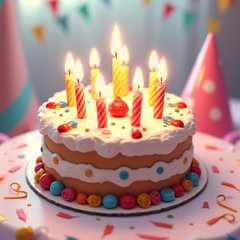 3D rendered birthday cake with candles and party decorations