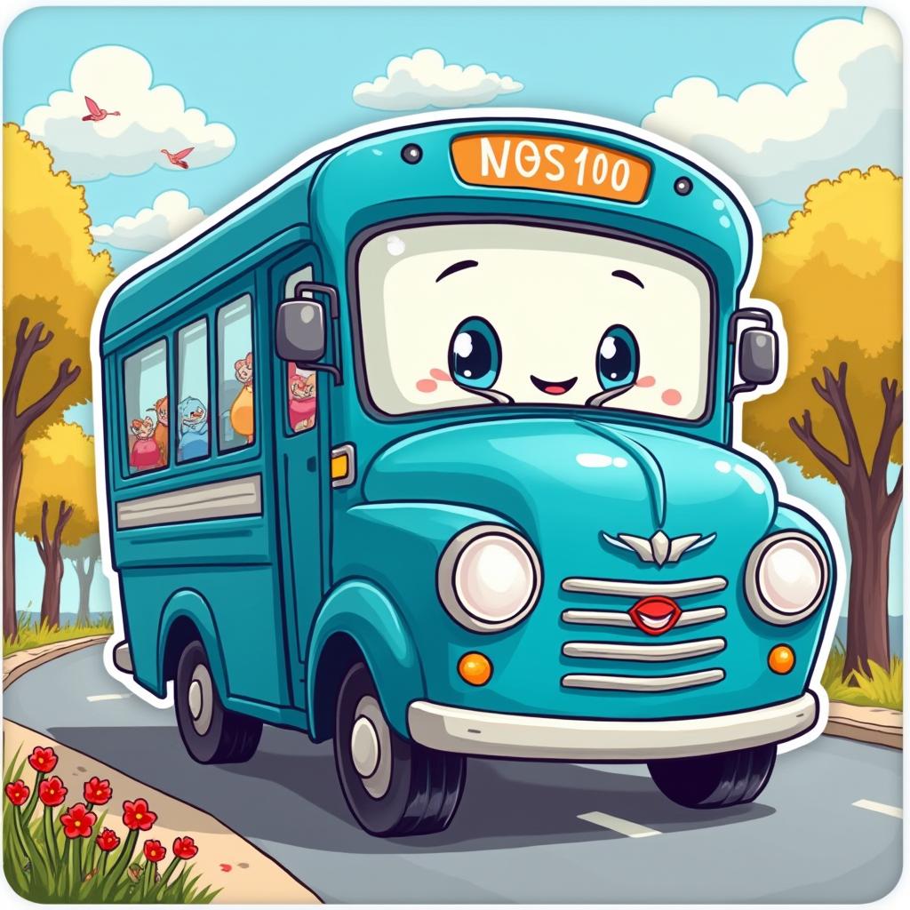 Cartoon blue bus with happy face driving on a sunny street