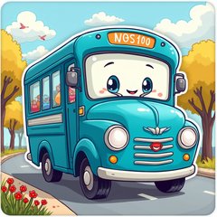 Cartoon blue bus with happy face driving on a sunny street