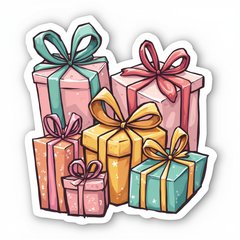Doodle of various colorful birthday gifts with ribbons