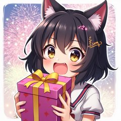 Anime character holding a wrapped birthday gift with fireworks