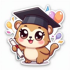 Kawaii graduate with big eyes, diploma, and confetti