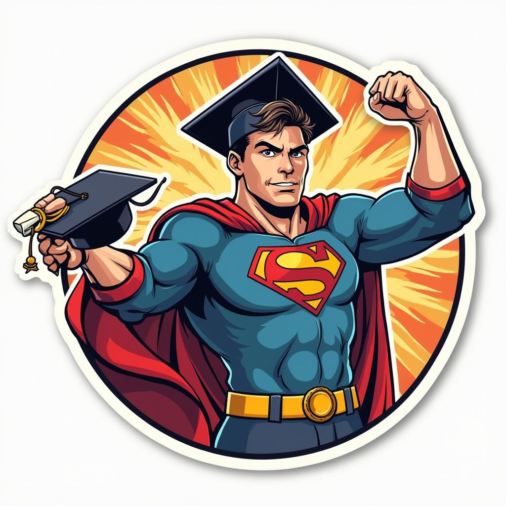 Pop culture graduate striking a superhero pose with diploma