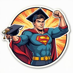 Pop culture graduate striking a superhero pose with diploma