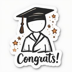 Doodle of a graduate with cap and gown, surrounded by stars and 'Congrats!'