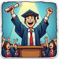Comic book graduate on podium holding diploma with cheering crowd