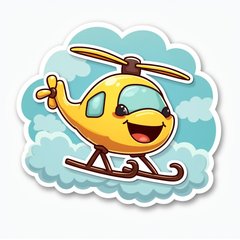 Cartoon yellow helicopter flying in a blue sky with a big smile