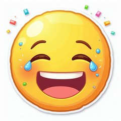 Emoji-style laughing face with tears of joy and confetti