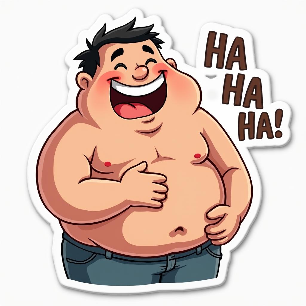 Cartoon character laughing with a big smile and sound effects