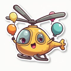 Kawaii helicopter with big eyes flying among colorful balloons