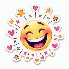 Doodle-style laughing face surrounded by stars and hearts