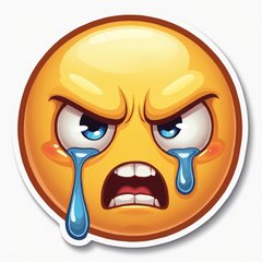 Emoji-style frustrated face with tears and an angry pout.