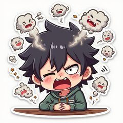 Cartoon character crying with steam from head surrounded by chaotic doodles.