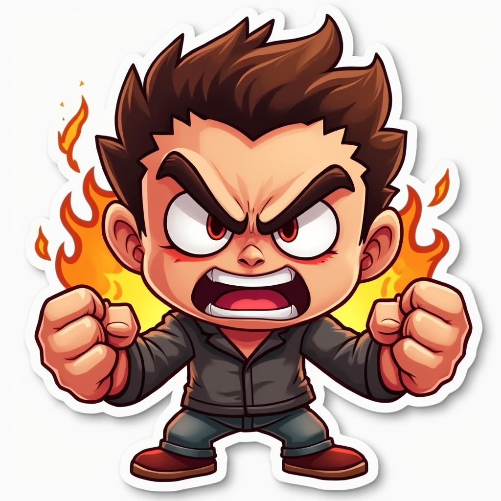 3D rendered angry character with clenched fists and fiery background