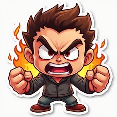 3D rendered angry character with clenched fists and fiery background