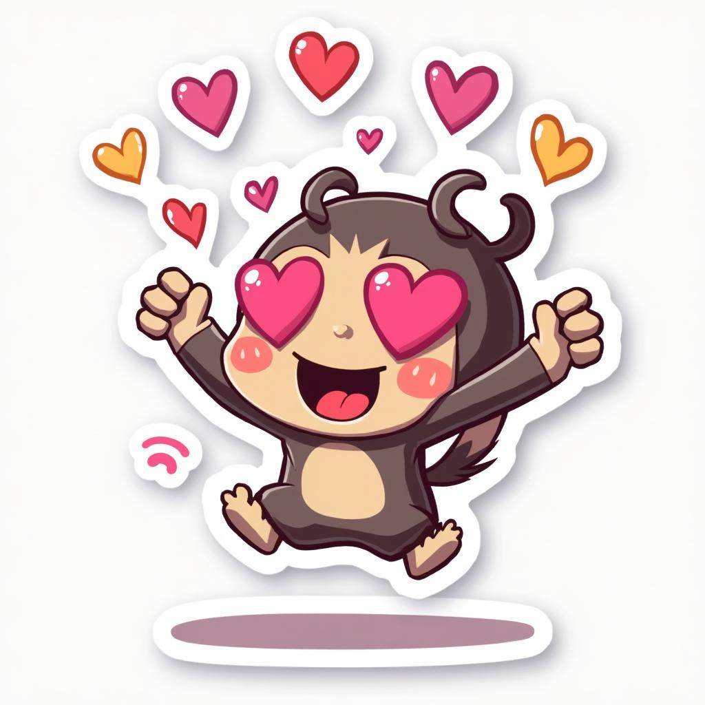 Cartoon character with heart eyes jumping in joy surrounded by hearts