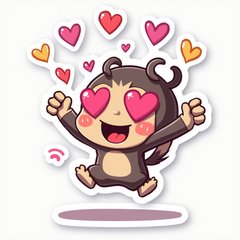 Cartoon character with heart eyes jumping in joy surrounded by hearts