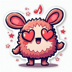 Doodle character with heart eyes surrounded by stars and music notes