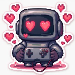 Pixel art character with heart eyes holding a controller with hearts