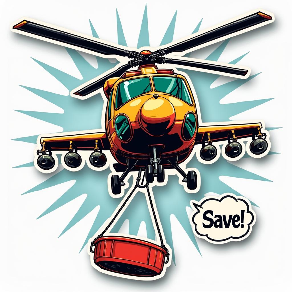 Comic book helicopter lowering a rescue basket with action words
