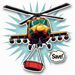 Comic book helicopter lowering a rescue basket with action words