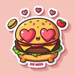 Cartoon burger with heart eyes and floating food items