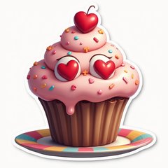 3D rendered cupcake with heart eyes on a colorful plate