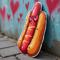 Graffiti hot dog with heart eyes and colorful spray paint